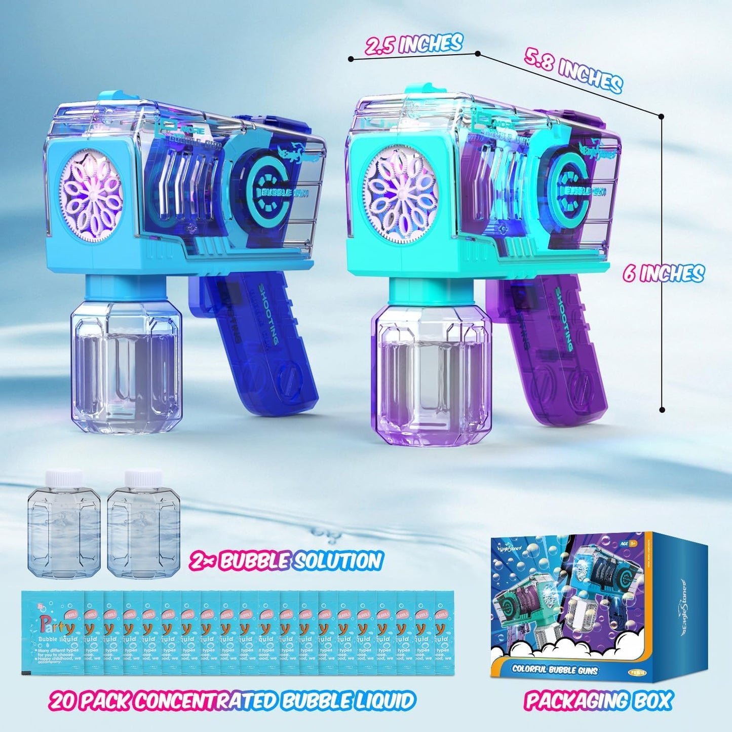 EagleStone Bubble Gun for Kids — 2-Pack LED Bubble Machine with 10-Hole Wands