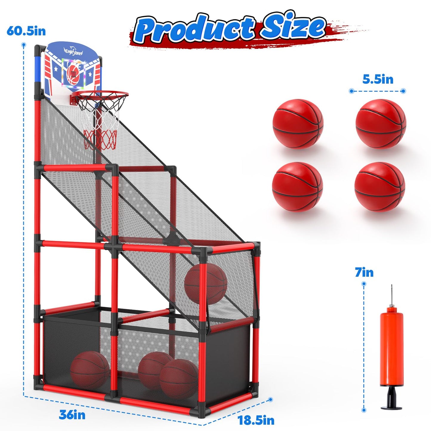 EagleStone Kids Adjustable Arcade Basketball Hoop with LED Lights & Scoreboard | Indoor & Outdoor