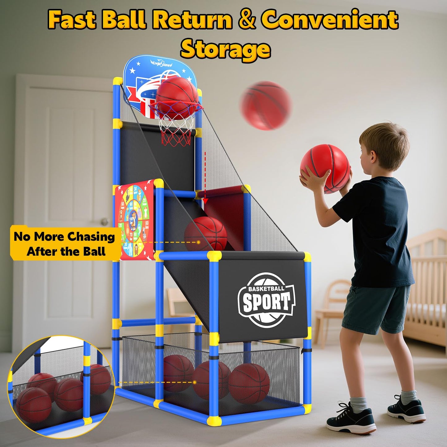 EagleStone 2-in-1 Kids Arcade Basketball Hoop & Dart Board | Adjustable Height