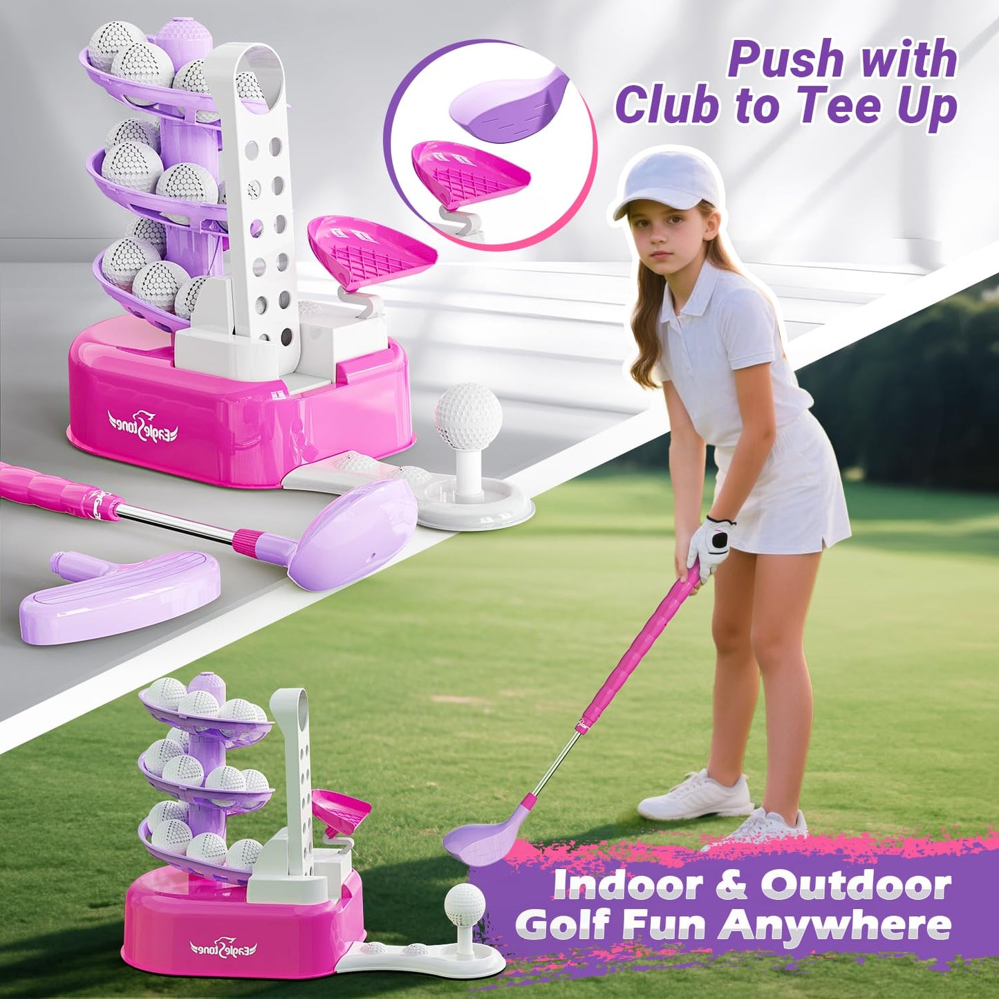 EagleStone Kids Golf Toy Set – Adjustable 3-Head Club, Left/Right Hands, Indoor & Outdoor Fun
