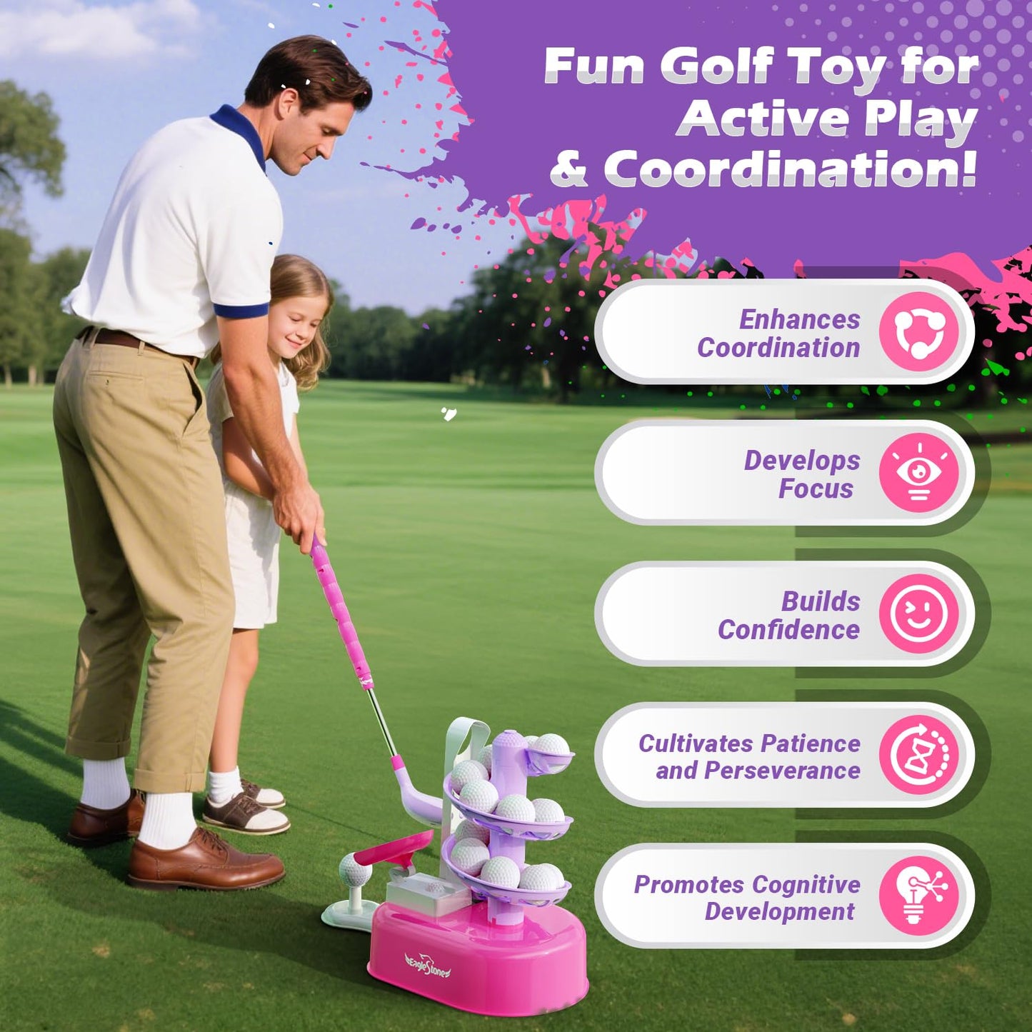 EagleStone Kids Golf Toy Set – Adjustable 3-Head Club, Left/Right Hands, Indoor & Outdoor Fun