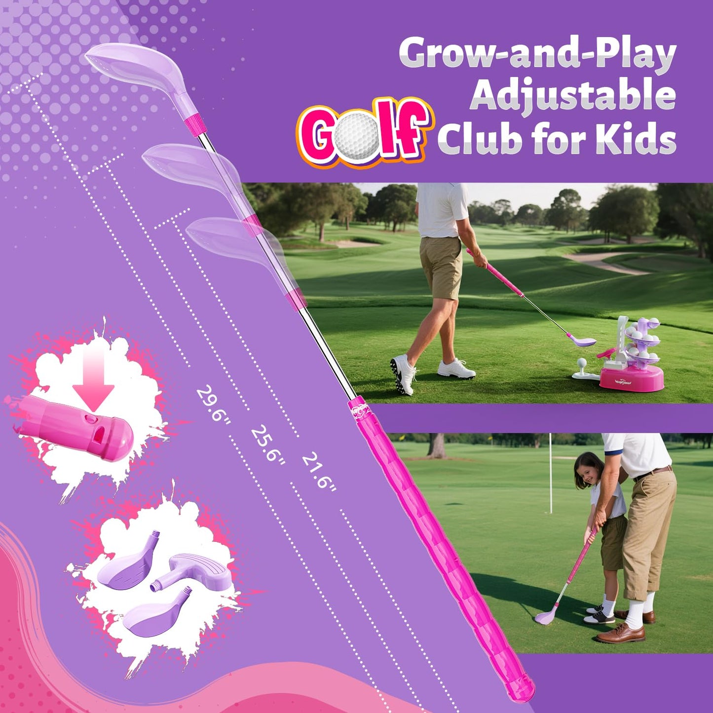 EagleStone Kids Golf Toy Set – Adjustable 3-Head Club, Left/Right Hands, Indoor & Outdoor Fun