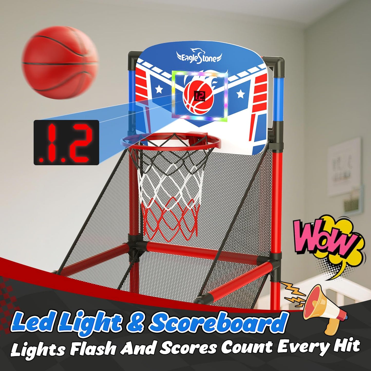EagleStone Kids Adjustable Arcade Basketball Hoop with LED Lights & Scoreboard | Indoor & Outdoor