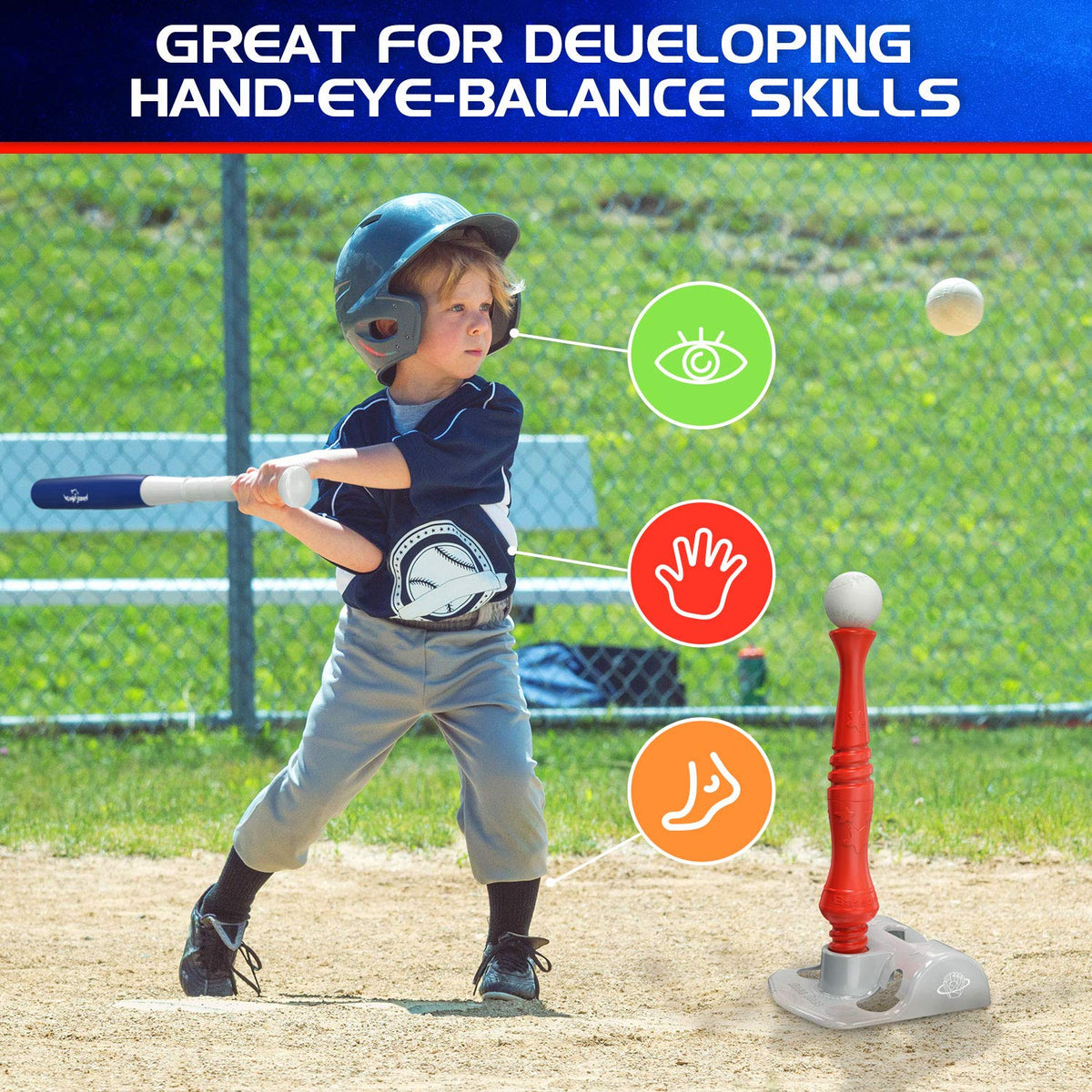 EagleStone T-Ball Set for Kids 3-12 | Adjustable Tee, 6 Soft Balls, Rotating Tee