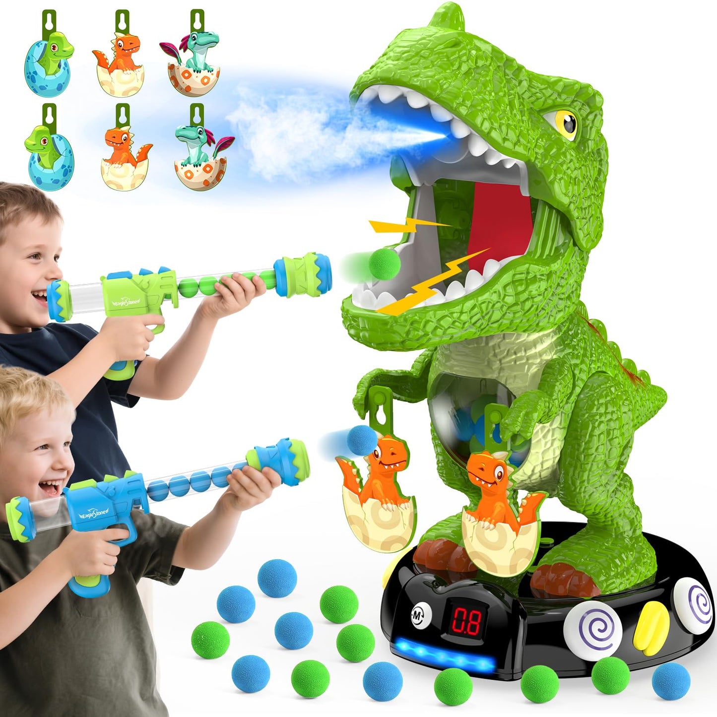 EagleStone Moving Dinosaur Shooting Toy – T-Rex Target Game with Mist Spray & LED Score
