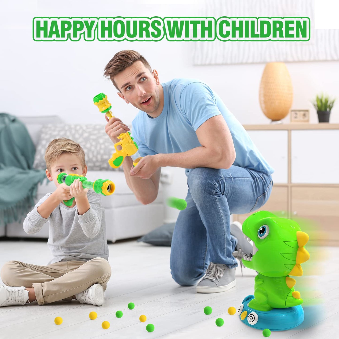 EagleStone Movable Dinosaur Shooting Toy for Kids 5-7 – 2 Guns, 48 Foam Balls, Light & Sound
