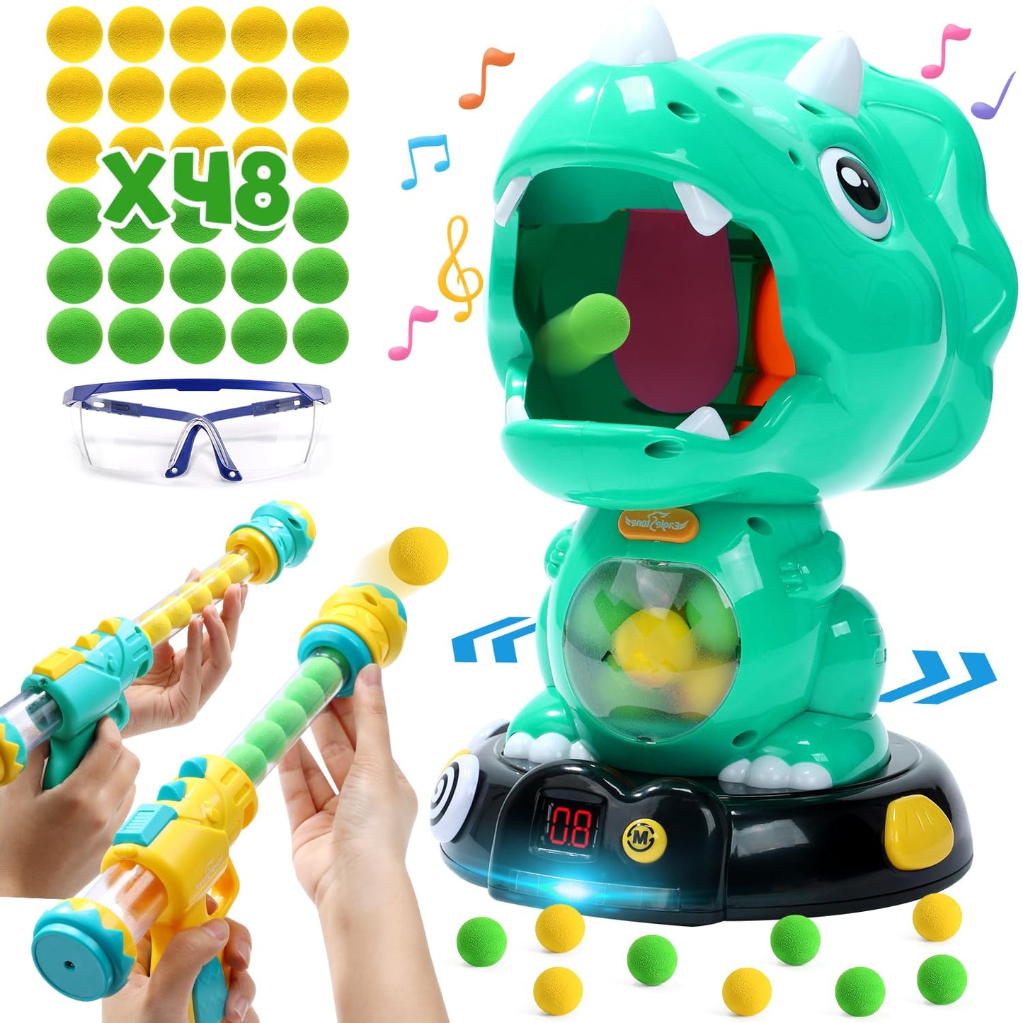 EagleStone Moveable Dinosaur Shooting Toy – Triceratops, 2 Guns, LCD Score