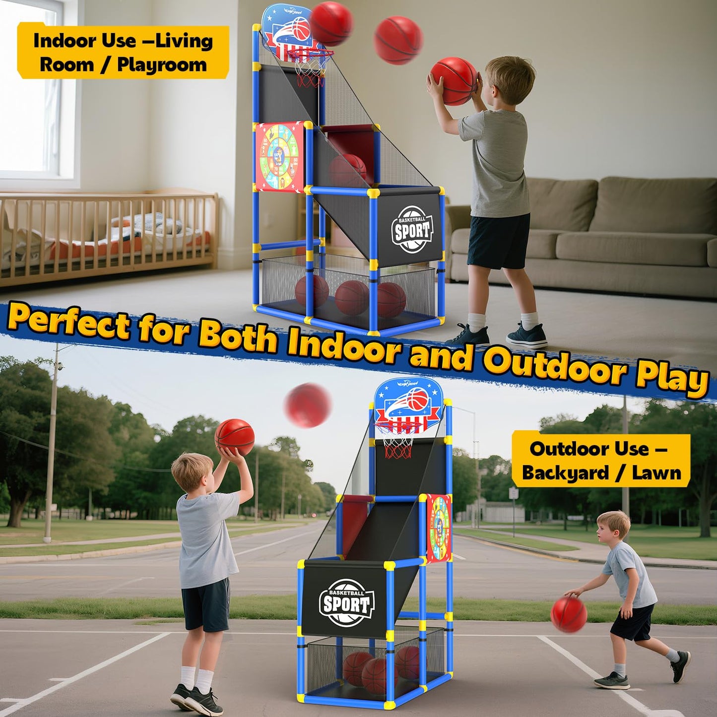 EagleStone 2-in-1 Kids Arcade Basketball Hoop & Dart Board | Adjustable Height
