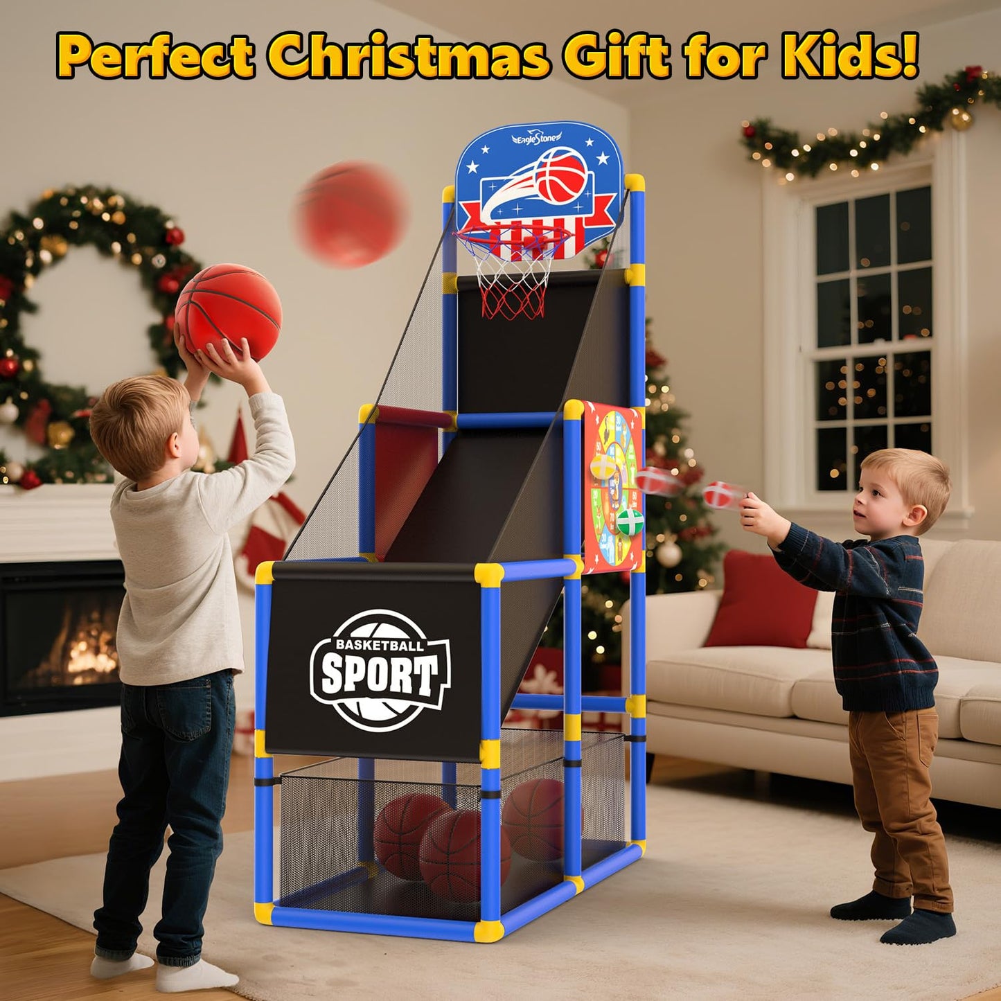 EagleStone 2-in-1 Kids Arcade Basketball Hoop & Dart Board | Adjustable Height