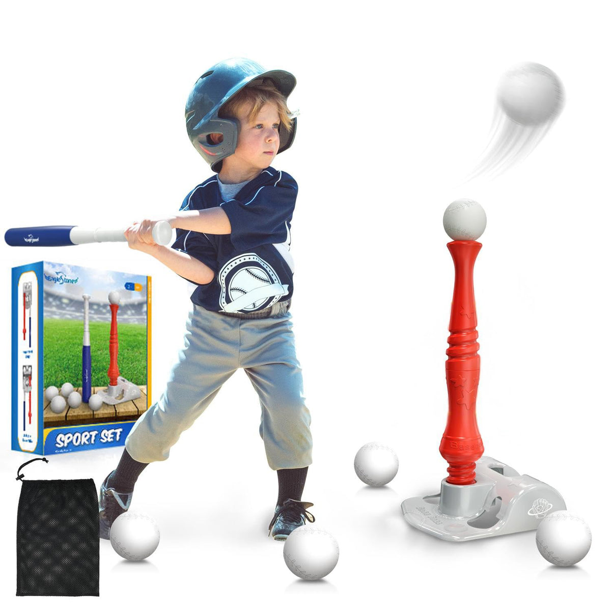 EagleStone T-Ball Set for Kids 3-12 | Adjustable Tee, 6 Soft Balls, Rotating Tee