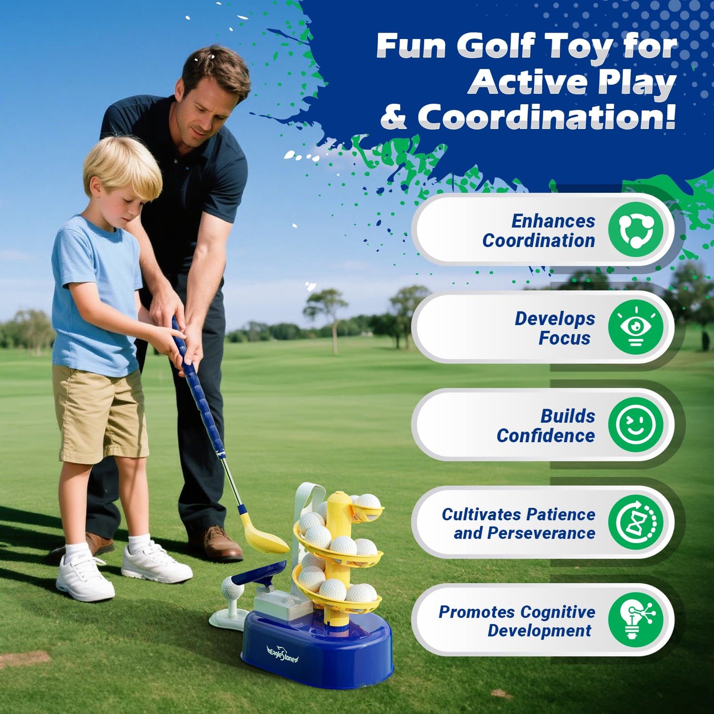 EagleStone Toddler Golf Set with Foot Pedal Launcher – Kids Golf Toy for Ages 3-8