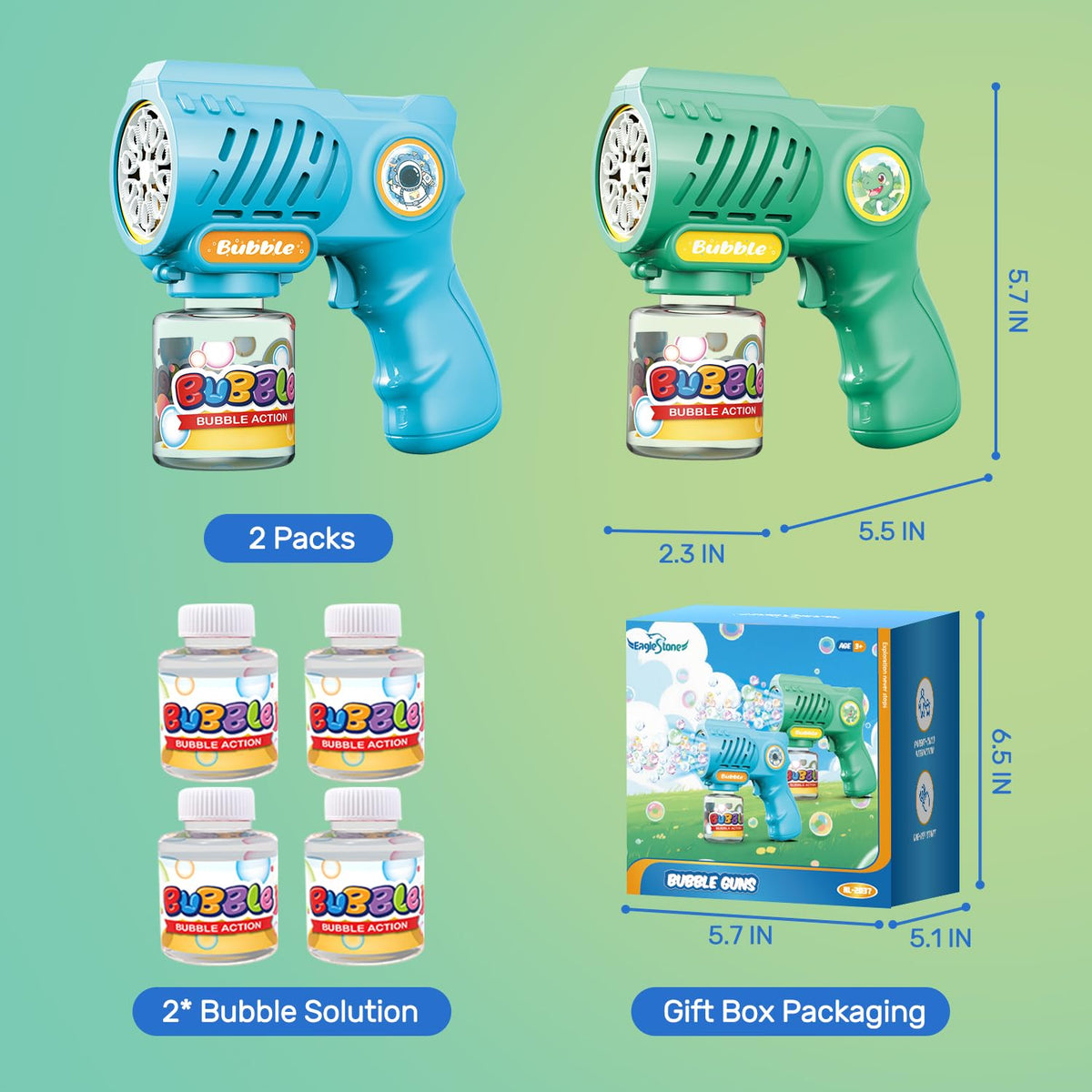 EagleStone Bubble Guns 2-Pack – Outdoor Toys for Kids Aged 3-8
