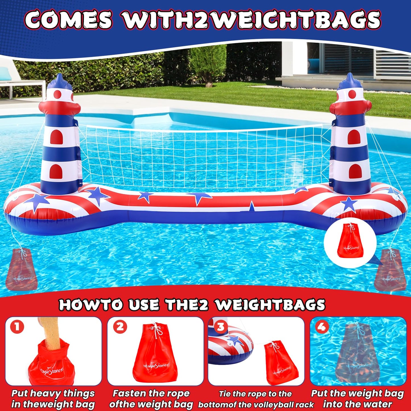 EagleStone Inflatable Pool Game Set – Volleyball Net & Basketball Hoop, Heavy-Duty PVC, Family Pool Party Essentials
