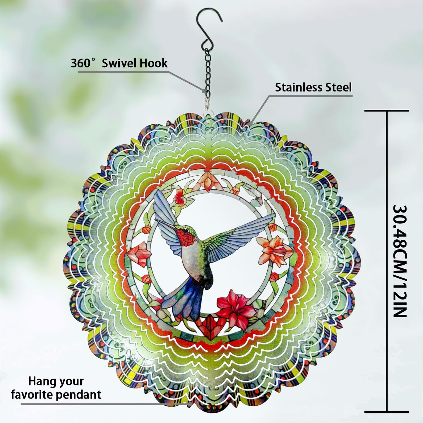 Eandisom Wind Spinners: 12-Inch Hummingbird Outdoor 3D Garden Decoration