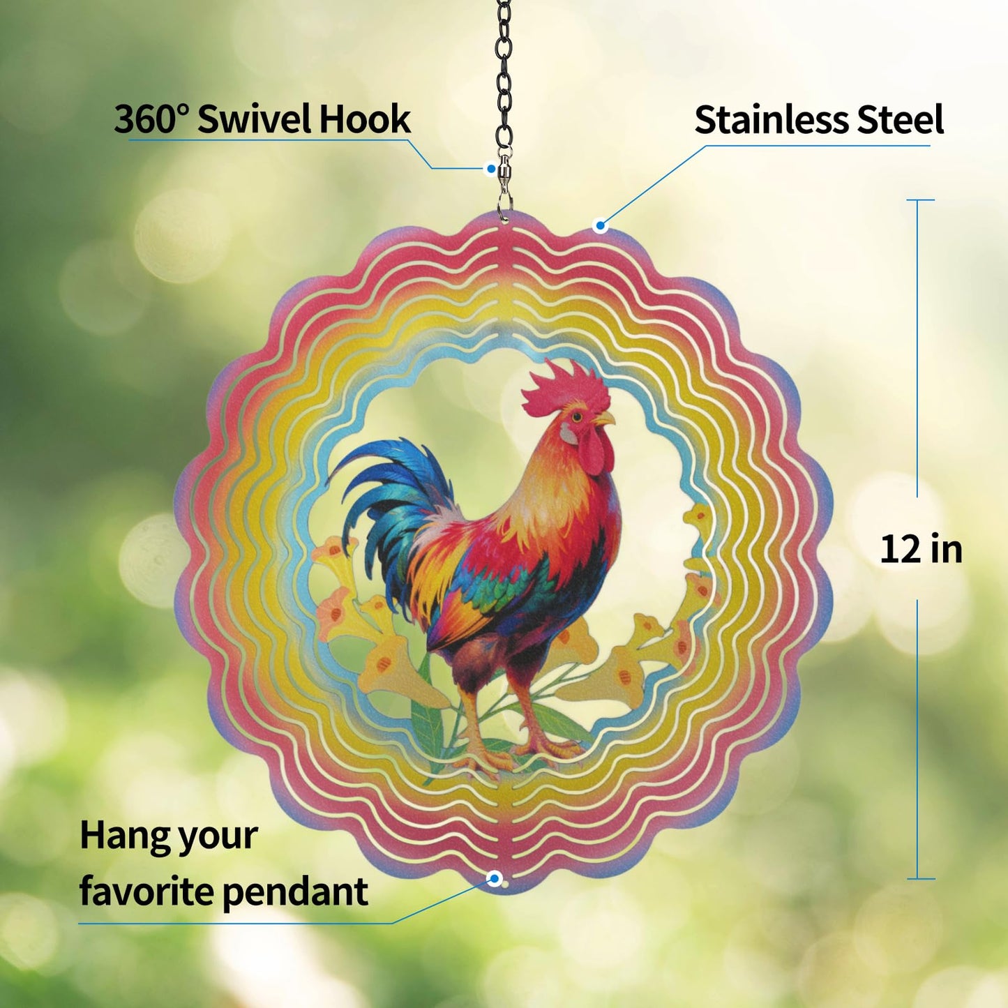 Eandisom 12-Inch Chicken Wind Spinner | 3D Outdoor Garden Decor