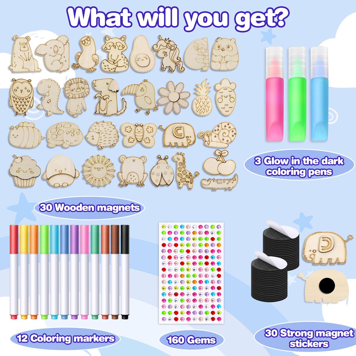 EAPHANT Glow-in-the-Dark Wooden Magnets Kit for Kids | 30 Paintable Magnets