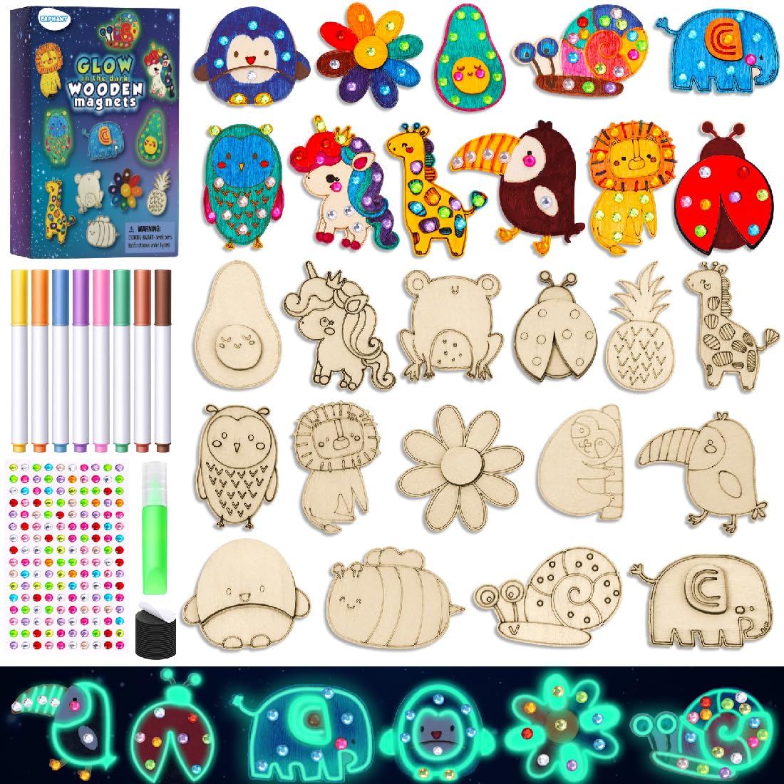 EAPHANT Kids Crafts Kit: 15-Piece Glow-in-the-Dark Wooden Magnets to Paint