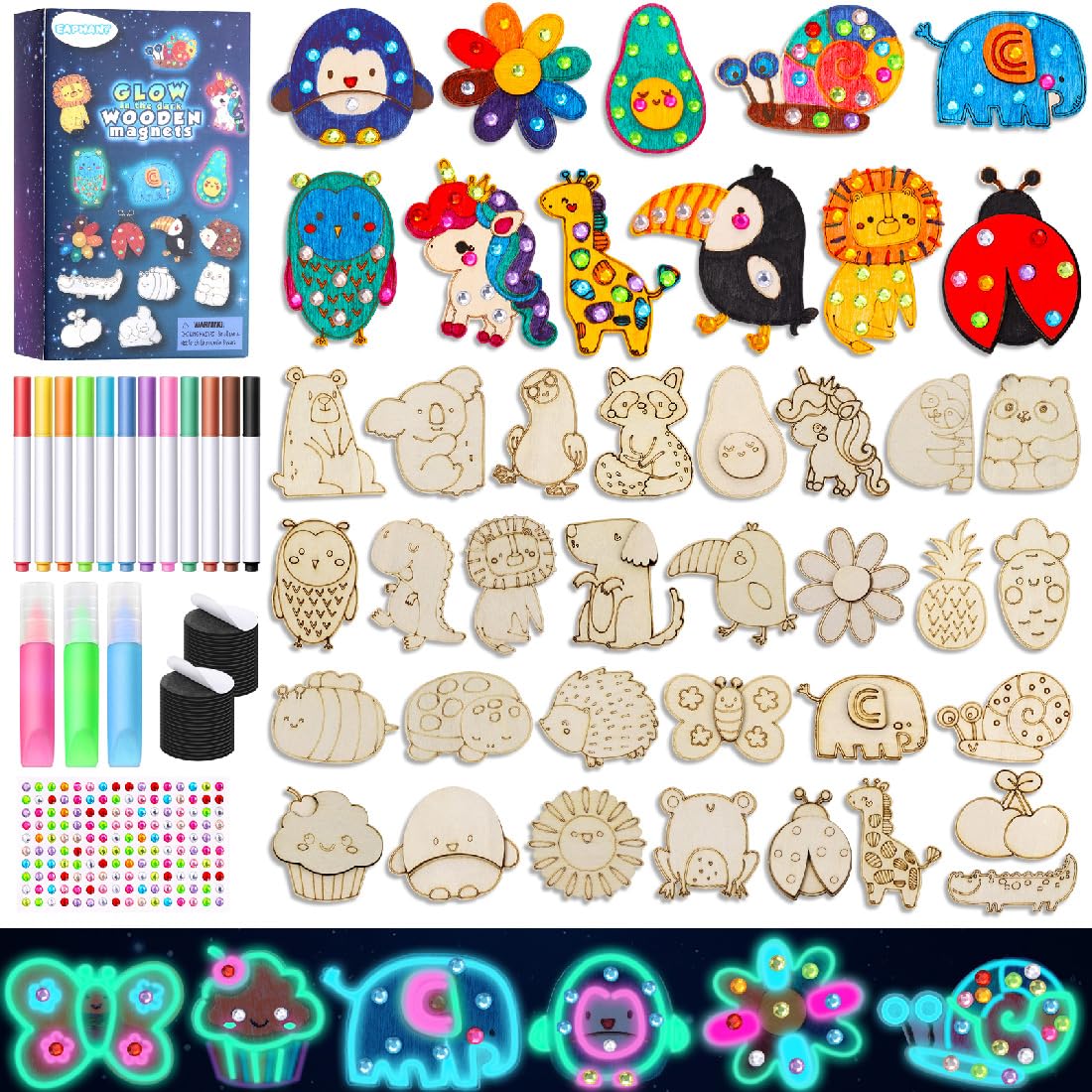EAPHANT Glow-in-the-Dark Wooden Magnets Kit for Kids | 30 Paintable Magnets