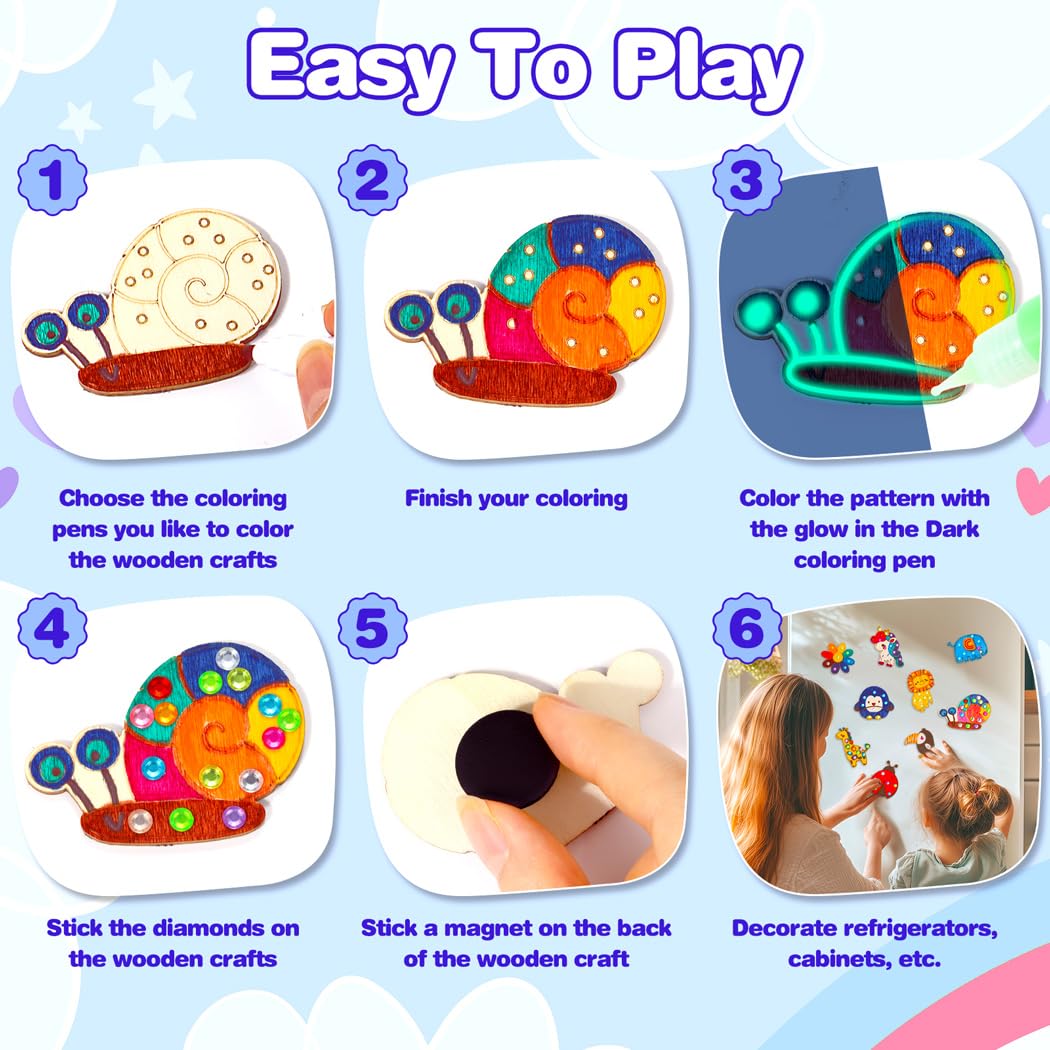 EAPHANT Kids Crafts Kit: 15-Piece Glow-in-the-Dark Wooden Magnets to Paint