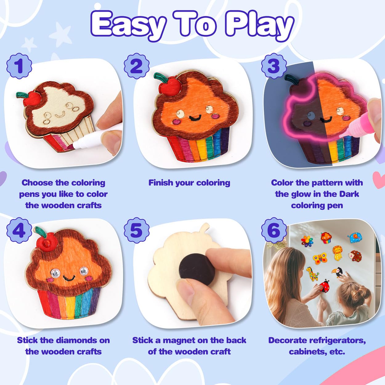 EAPHANT Glow-in-the-Dark Wooden Magnets Kit for Kids | 30 Paintable Magnets