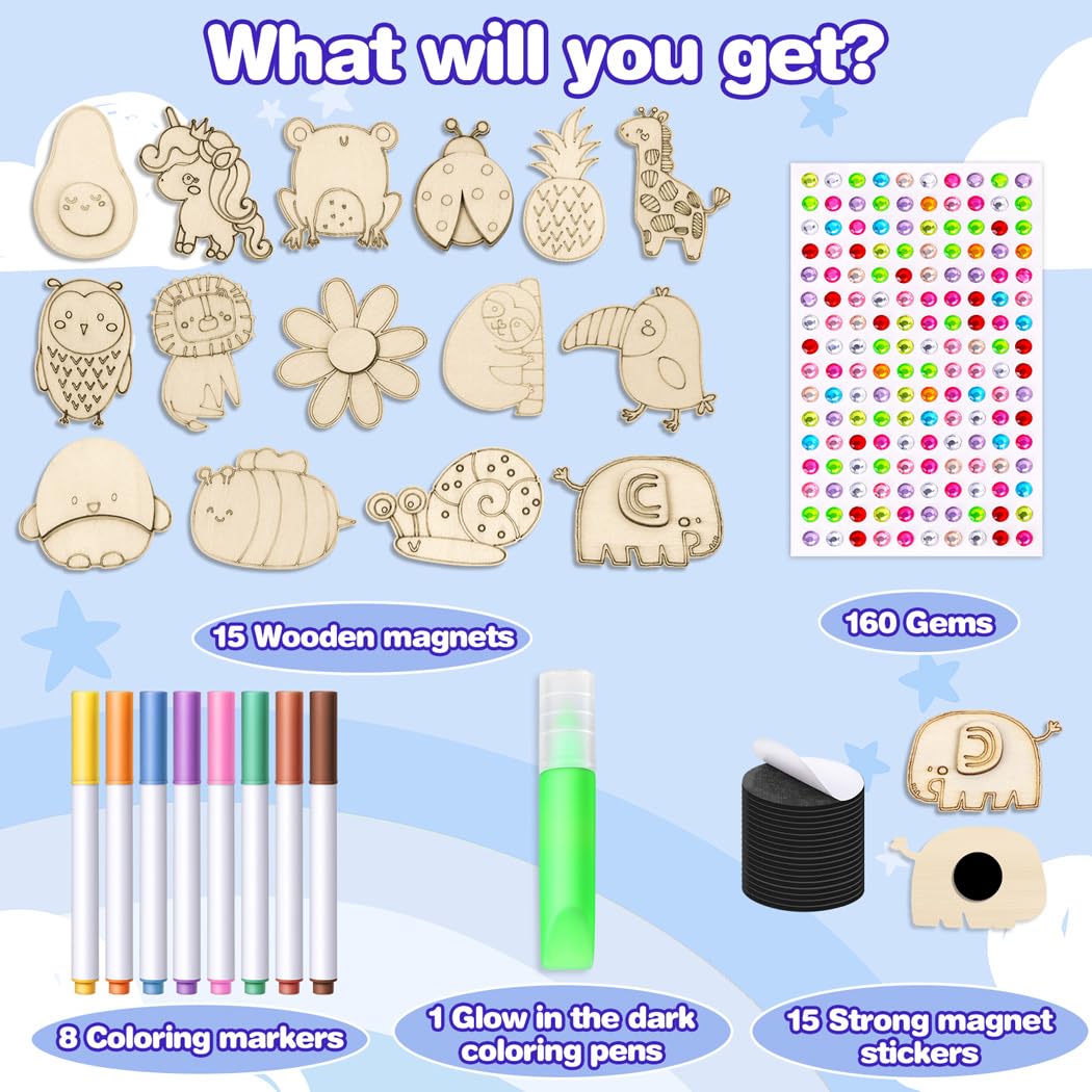 EAPHANT Kids Crafts Kit: 15-Piece Glow-in-the-Dark Wooden Magnets to Paint