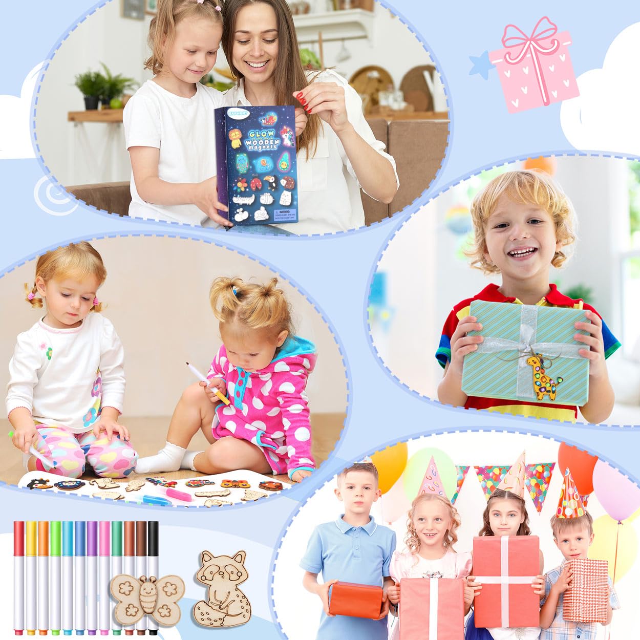 EAPHANT Glow-in-the-Dark Wooden Magnets Kit for Kids | 30 Paintable Magnets