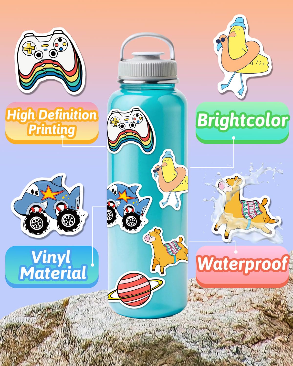 EAPHANT Water Bottle Stickers – 100 Pcs Waterproof Vinyl Stickers Pack for Kids