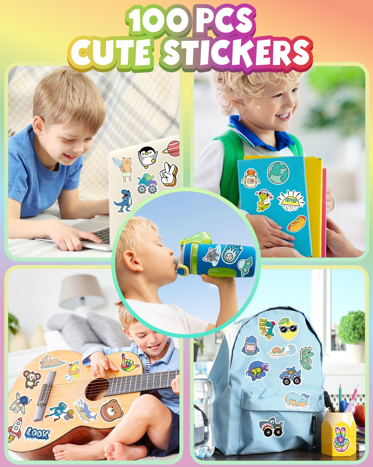 EAPHANT Water Bottle Stickers – 100 Pcs Waterproof Vinyl Stickers Pack for Kids