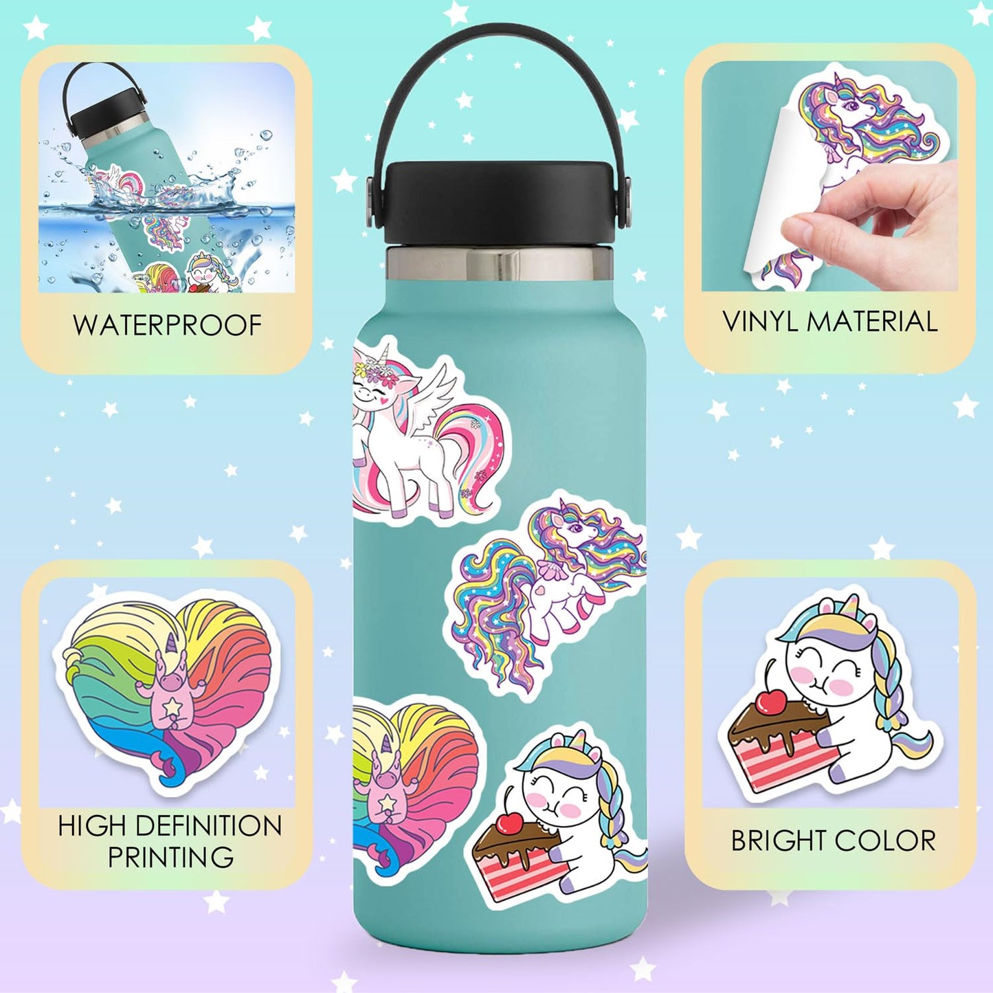 EAPHANT Unicorns Stickers – 100 Pcs Waterproof Vinyl for Water Bottles