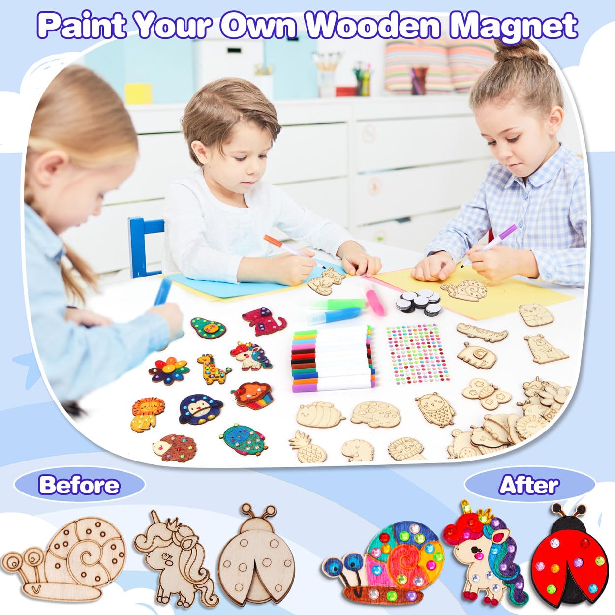 EAPHANT Glow-in-the-Dark Wooden Magnets Kit for Kids | 30 Paintable Magnets