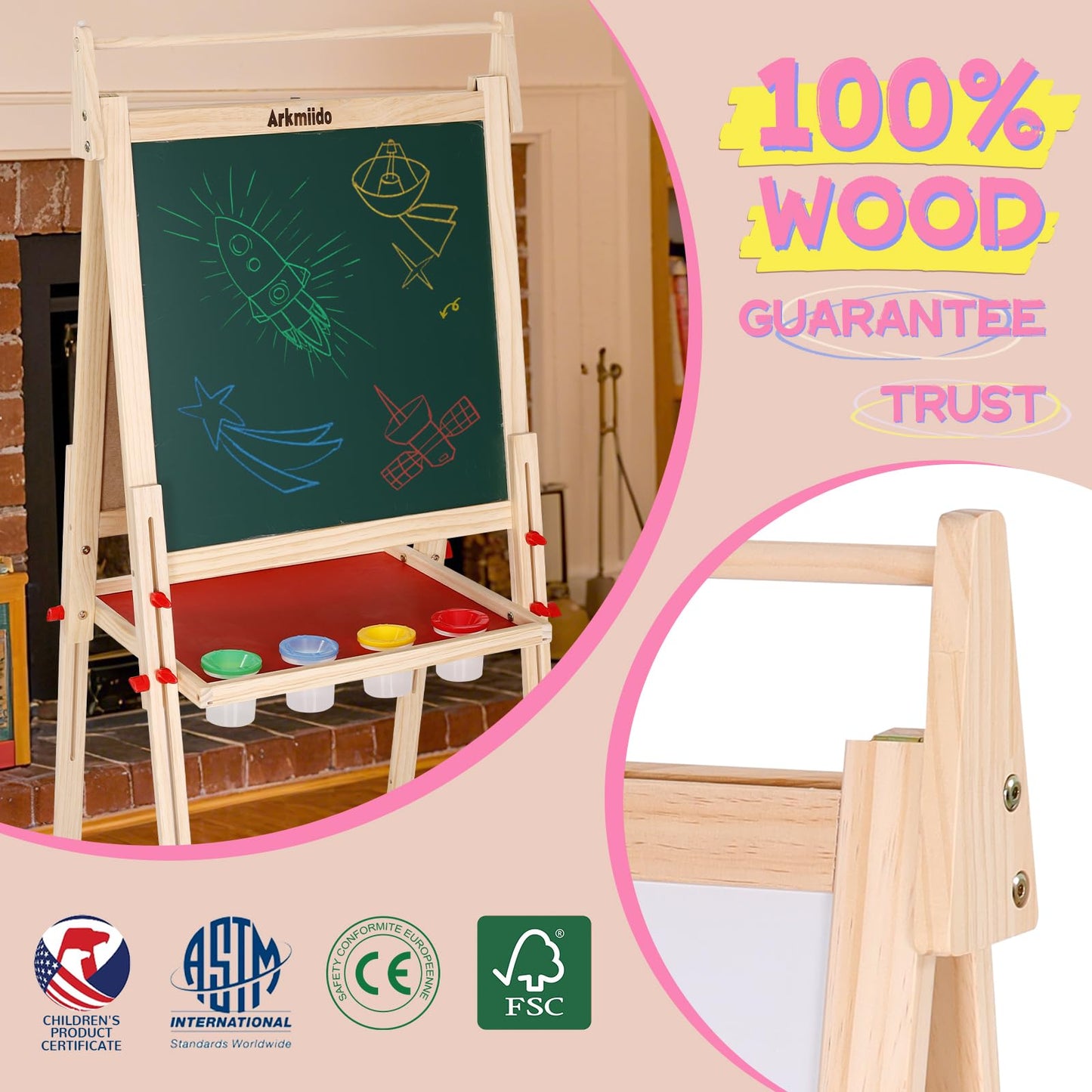 EAQ Easel for Kids – Height Adjustable Wooden Art Easel with Whiteboard, Chalkboard & Paper Roll Holder