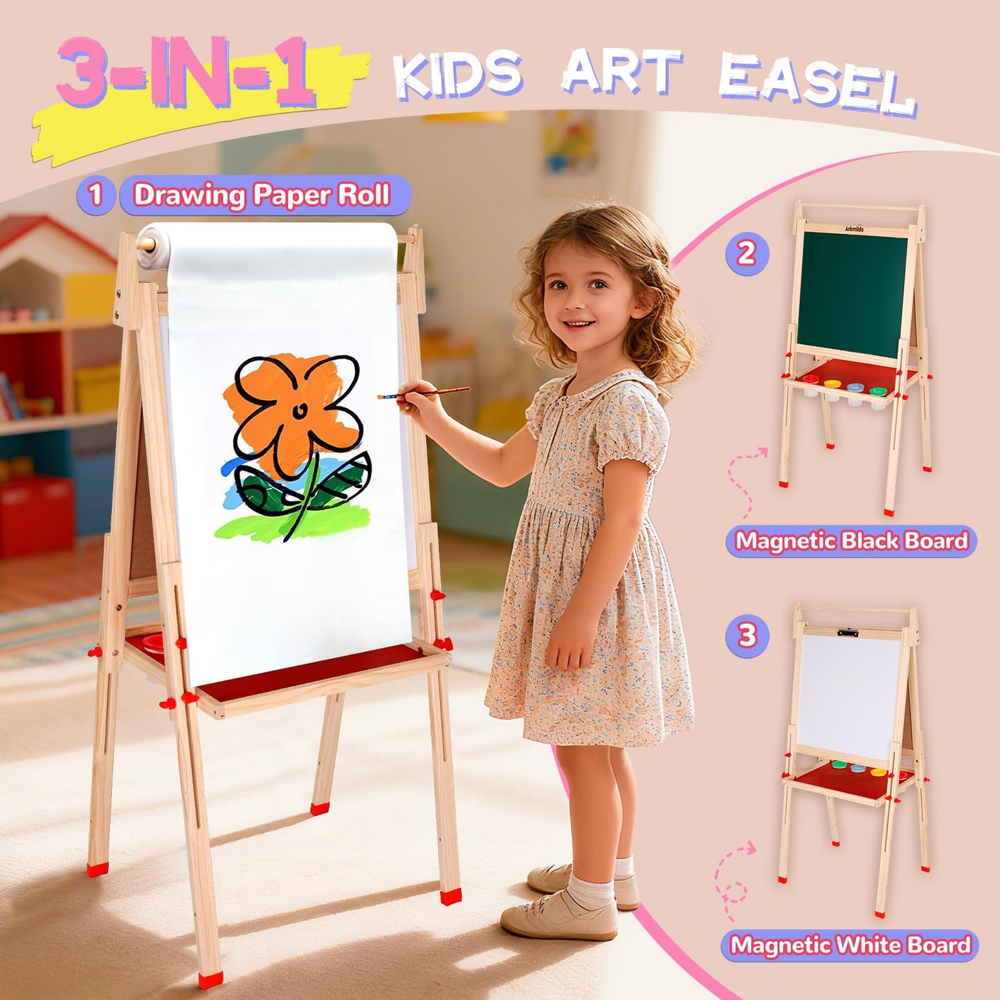 EAQ Easel for Kids – Height Adjustable Wooden Art Easel with Whiteboard, Chalkboard & Paper Roll Holder