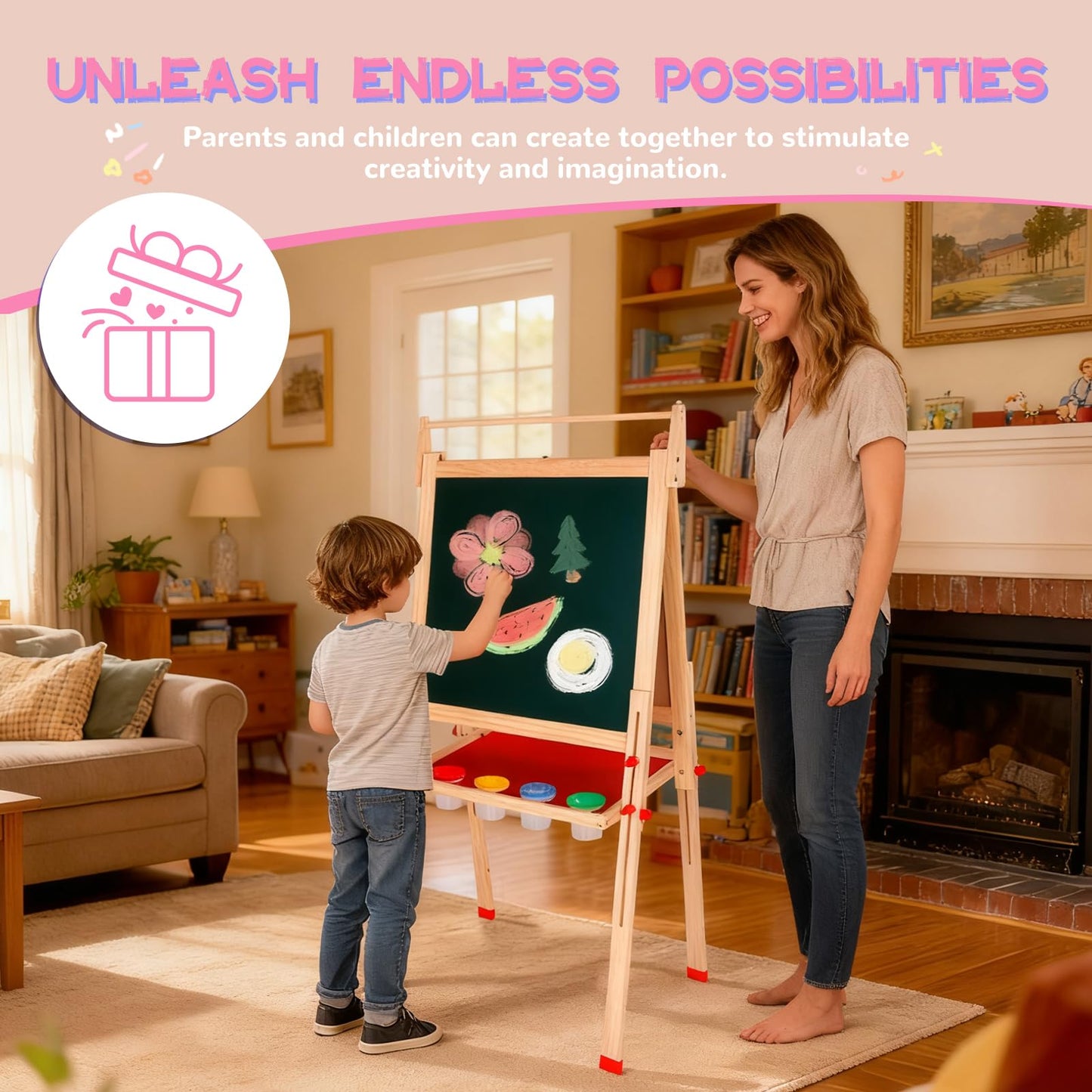 EAQ Easel for Kids – Height Adjustable Wooden Art Easel with Whiteboard, Chalkboard & Paper Roll Holder