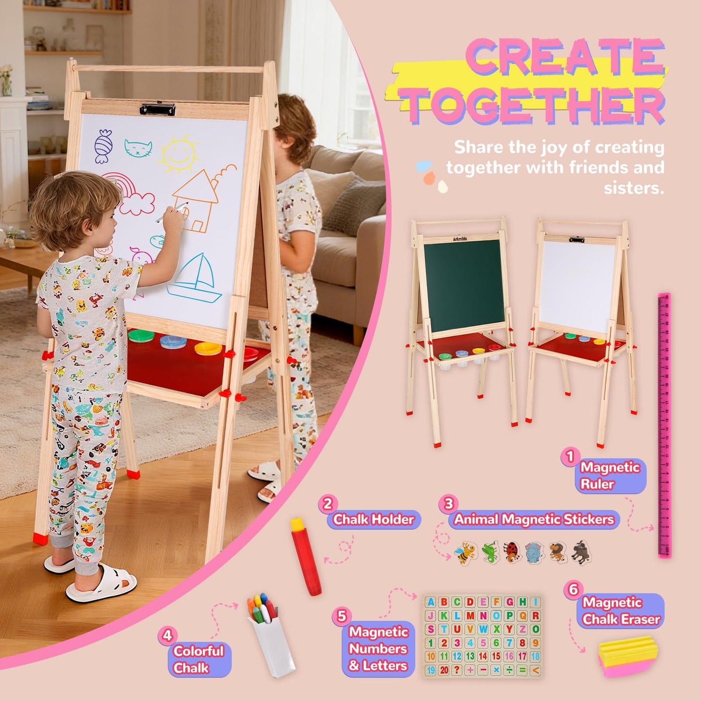 EAQ Easel for Kids – Height Adjustable Wooden Art Easel with Whiteboard, Chalkboard & Paper Roll Holder