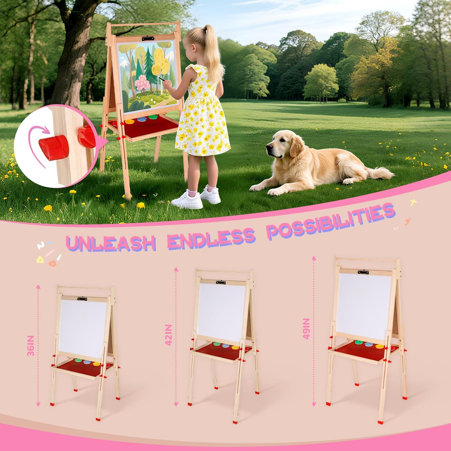 EAQ Easel for Kids – Height Adjustable Wooden Art Easel with Whiteboard, Chalkboard & Paper Roll Holder