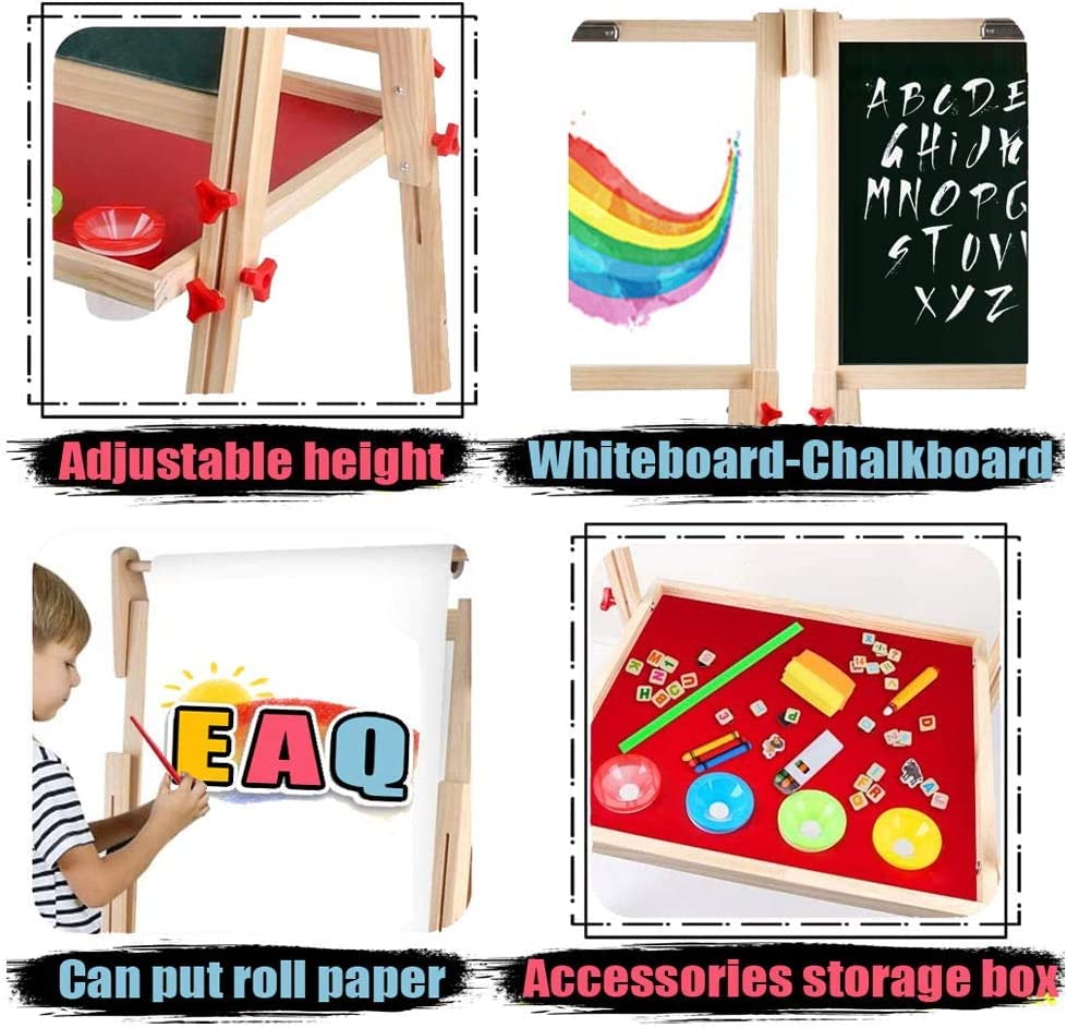 EAQ Easel for Kids – Height Adjustable Wooden Art Easel with Whiteboard, Chalkboard & Paper Roll Holder