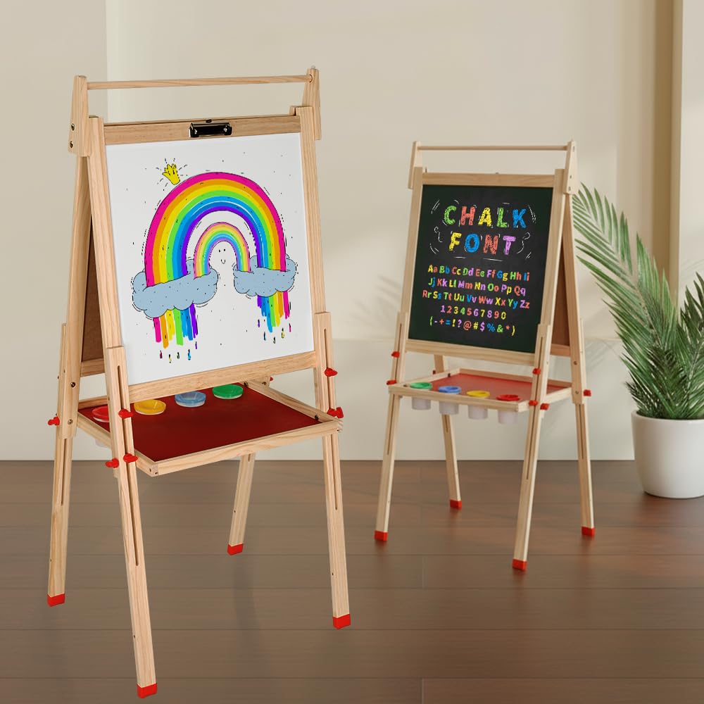 EAQ Easel for Kids – Height Adjustable Wooden Art Easel with Whiteboard, Chalkboard & Paper Roll Holder