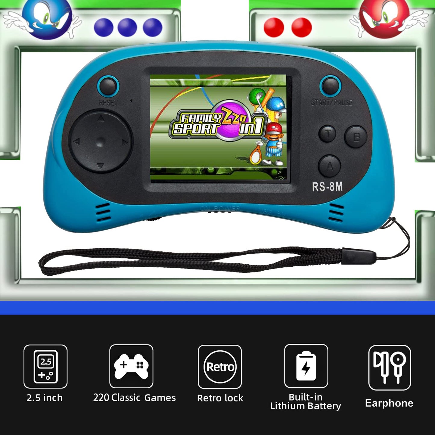 EASEGMER 16Bit Kids Handheld — 220 Built-in HD Games, 2.5" Portable Game Player with Headphones (Blue)