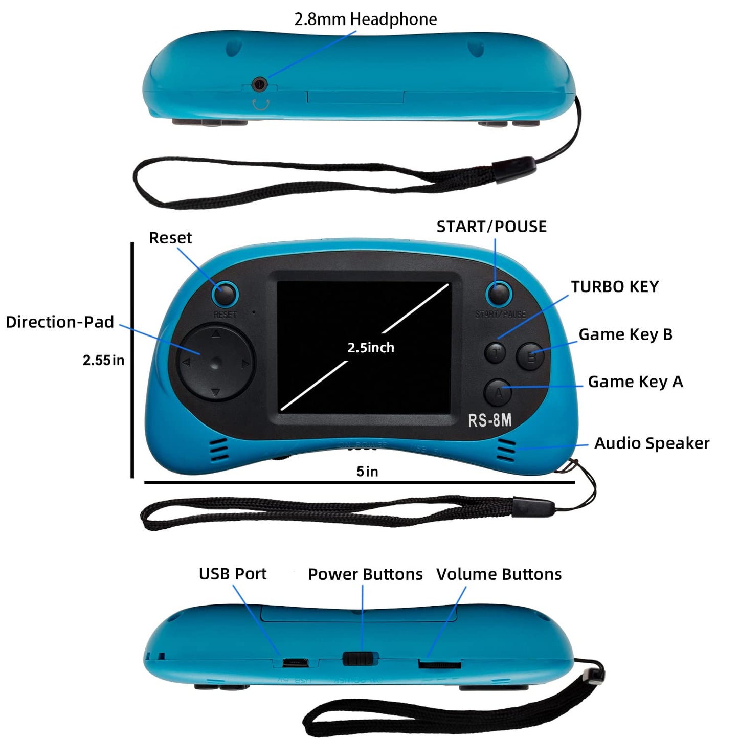 EASEGMER 16Bit Kids Handheld — 220 Built-in HD Games, 2.5" Portable Game Player with Headphones (Blue)