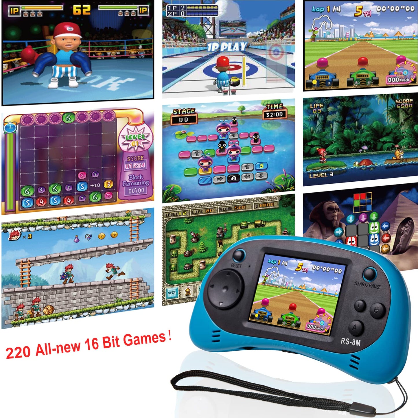 EASEGMER 16Bit Kids Handheld — 220 Built-in HD Games, 2.5" Portable Game Player with Headphones (Blue)