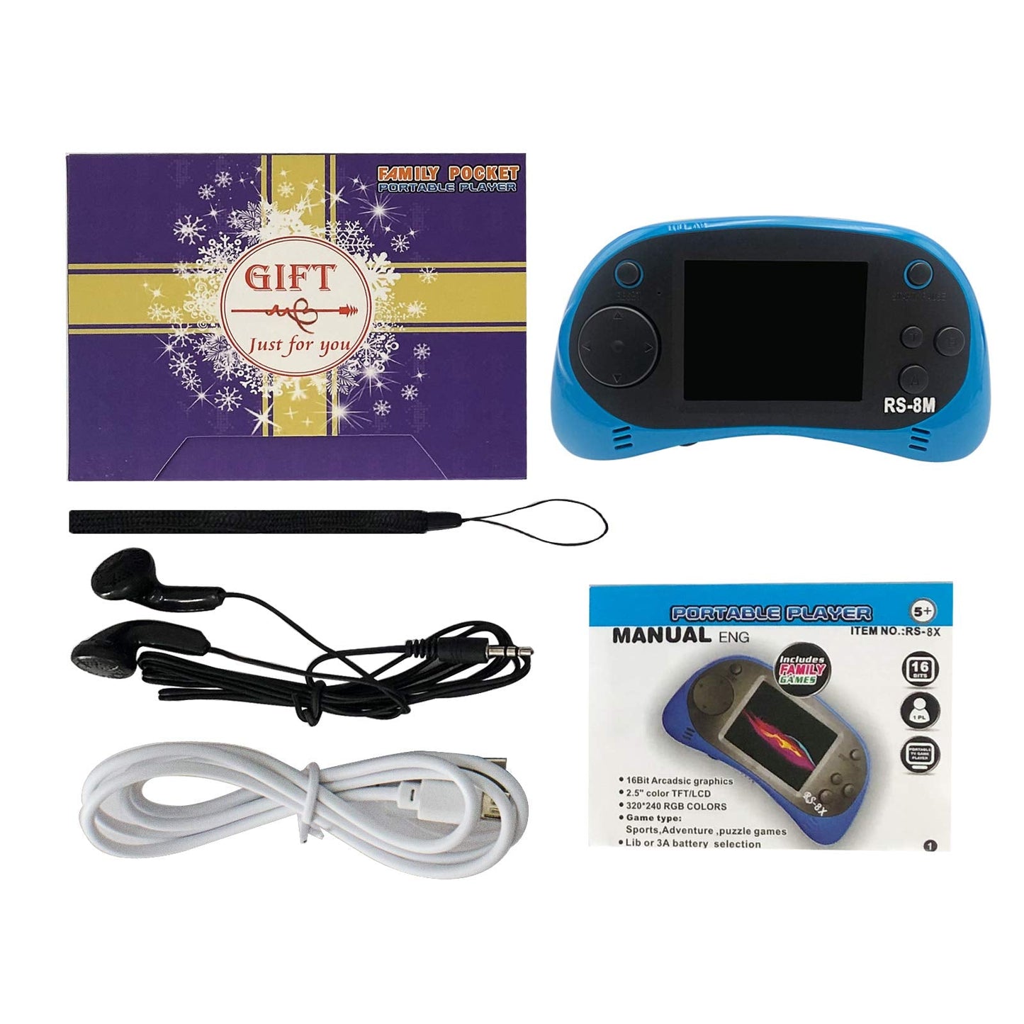 EASEGMER 16Bit Kids Handheld — 220 Built-in HD Games, 2.5" Portable Game Player with Headphones (Blue)