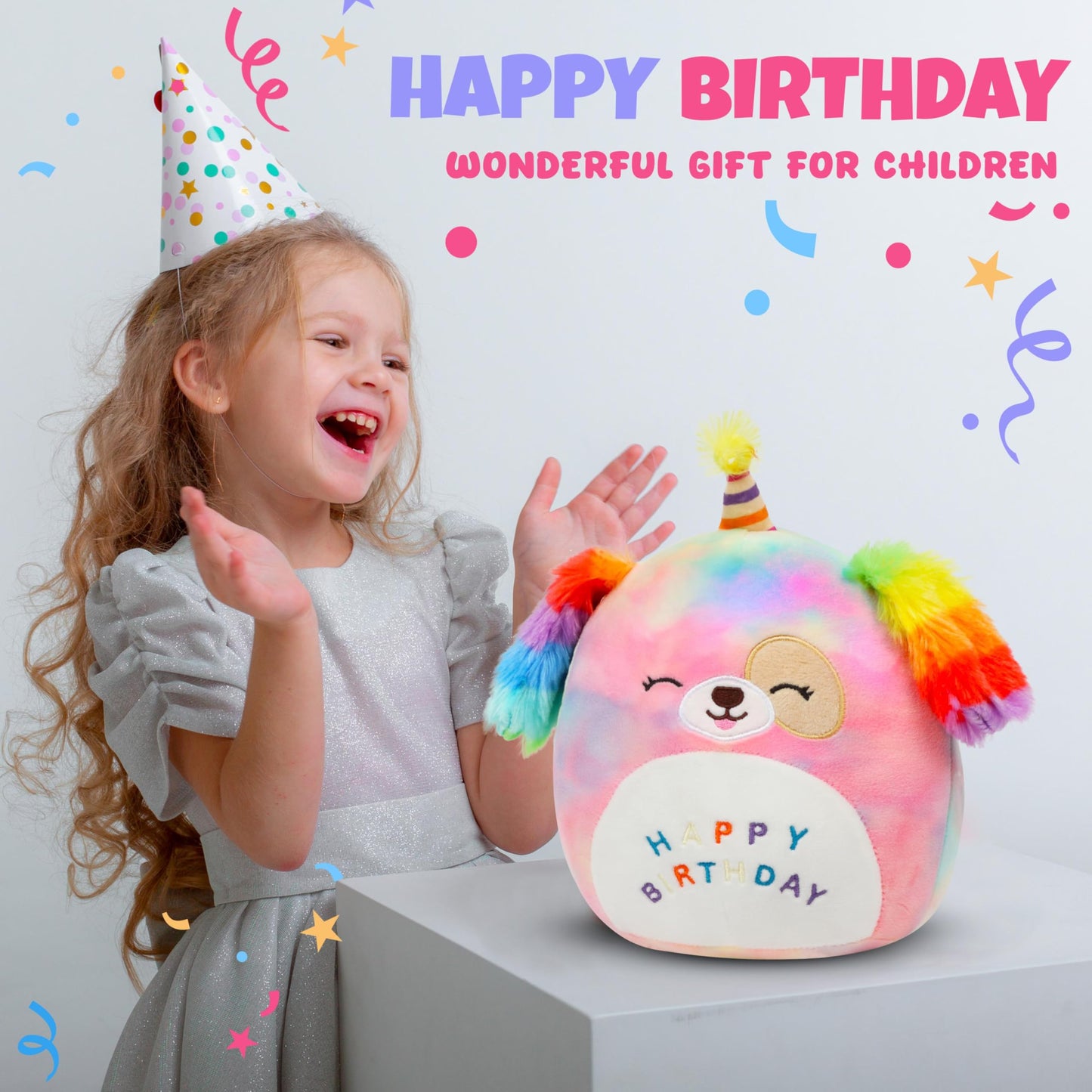 Easfan 8'' Rainbow Birthday Dog Plush Pillow – Cute Plush Toy & Birthday Gift