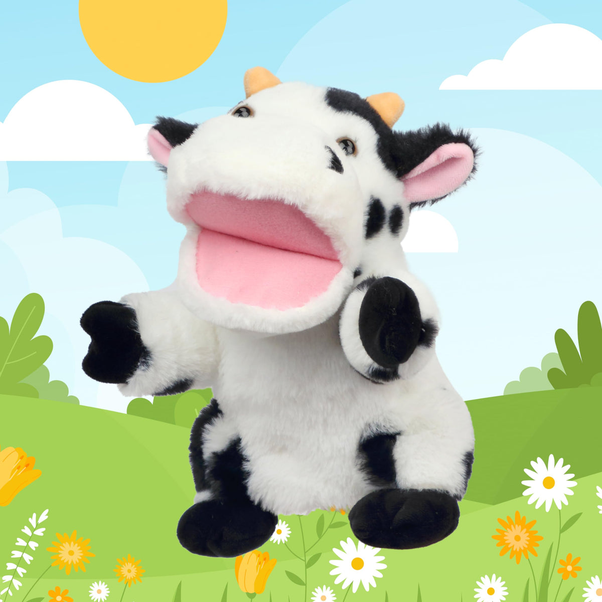 Easfan Cow Hand Puppet with Movable Mouth – 9-inch Soft Plush Storytelling Toy
