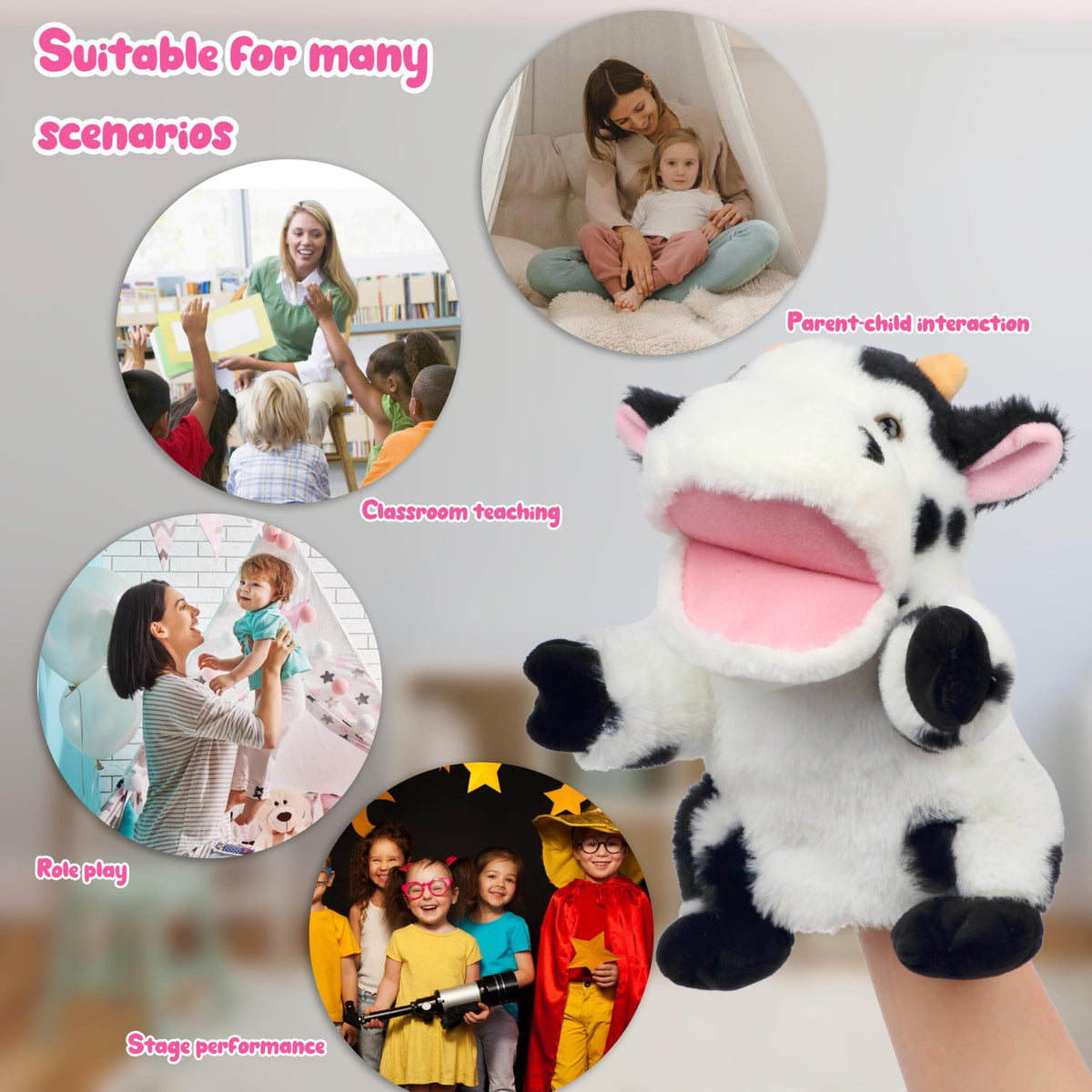 Easfan Cow Hand Puppet with Movable Mouth – 9-inch Soft Plush Storytelling Toy