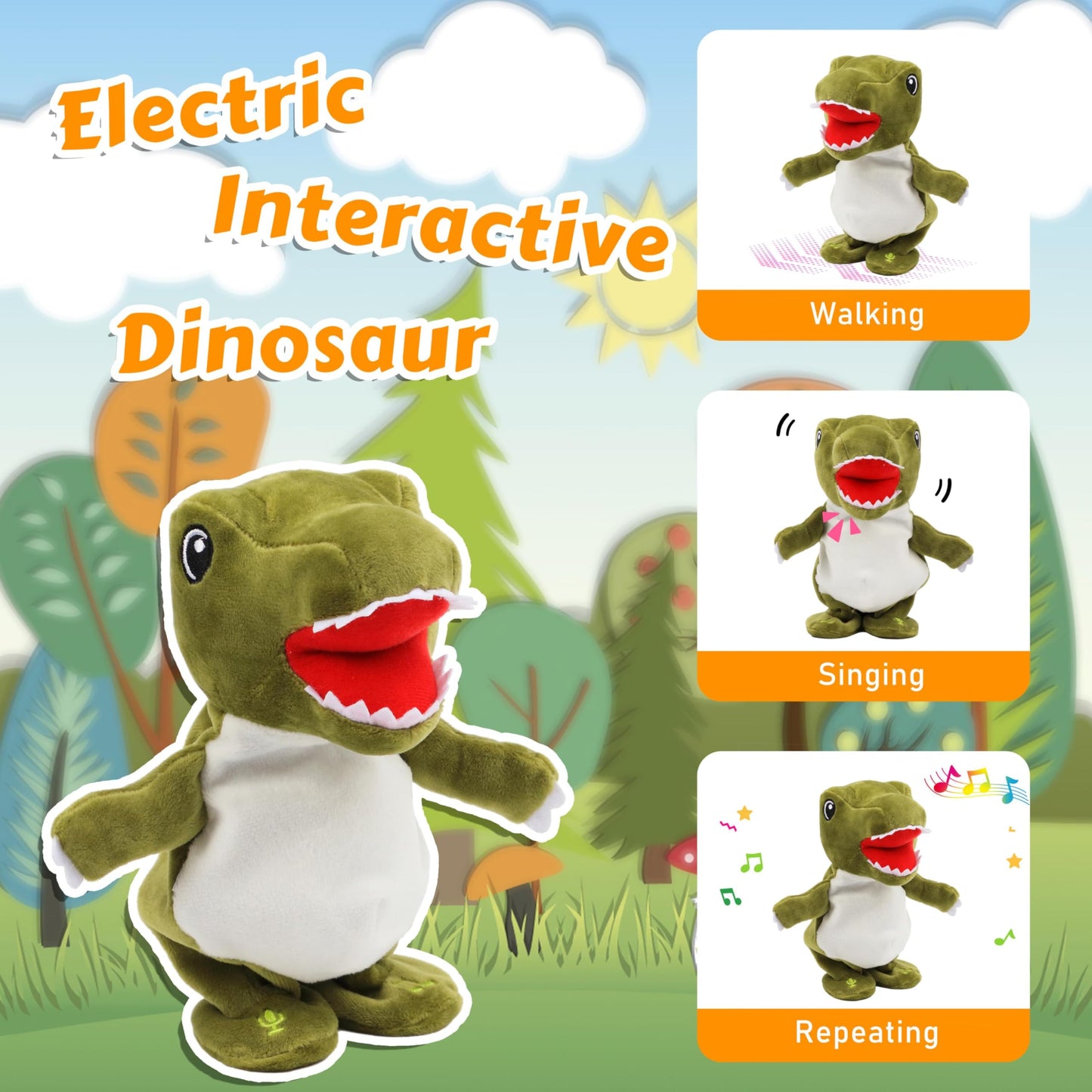 Easfan Talking Dinosaur Toy — Repeats What You Say, Walks & Sings (8”)