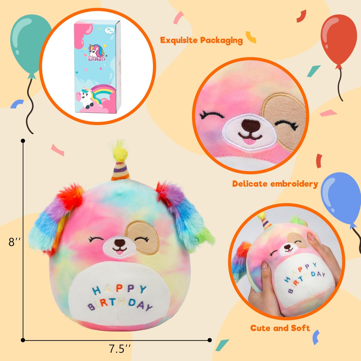 Easfan 8'' Rainbow Birthday Dog Plush Pillow – Cute Plush Toy & Birthday Gift