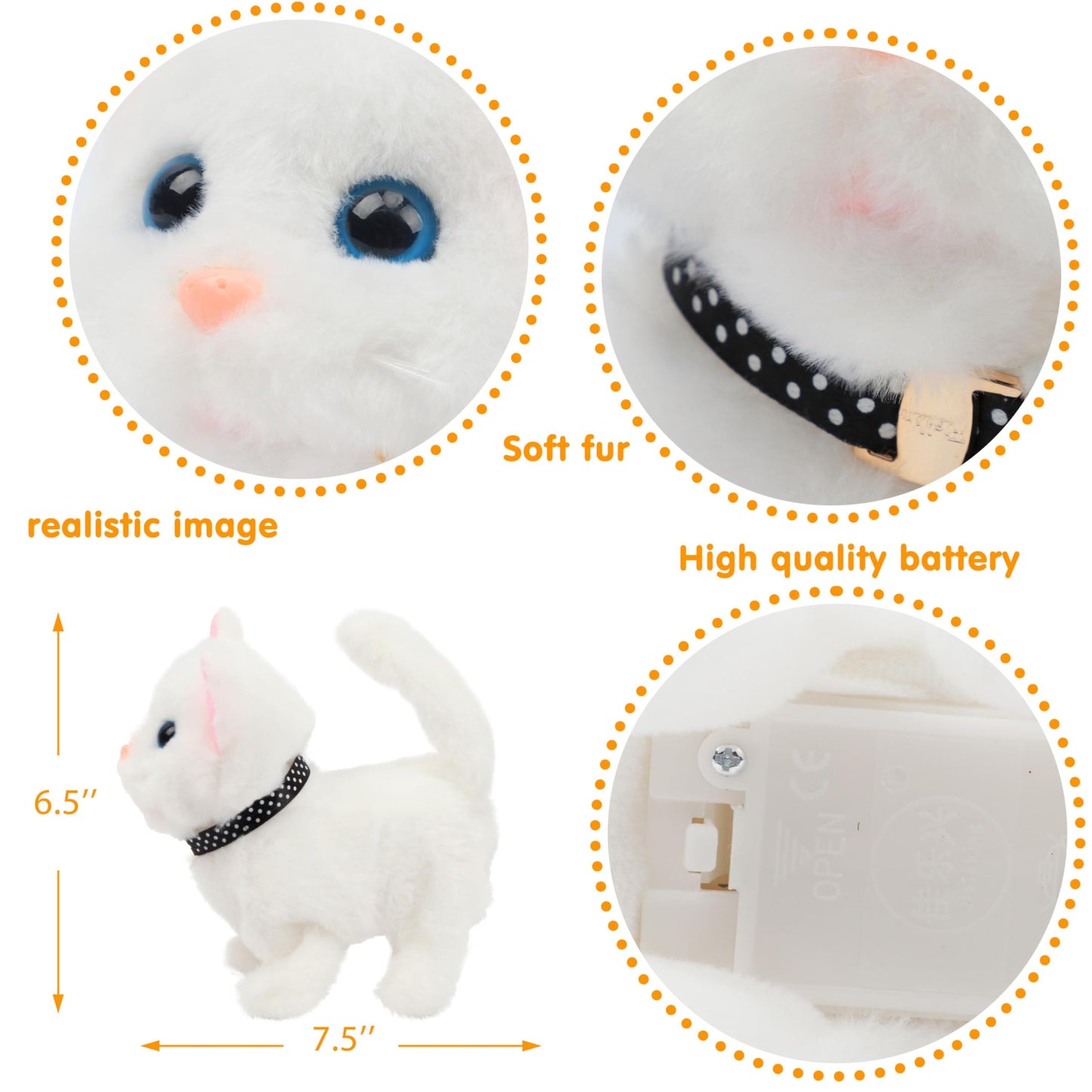 Easfan Walking Kitty Plush Toy – Interactive Meowing Cat for Kids, 7.5” White