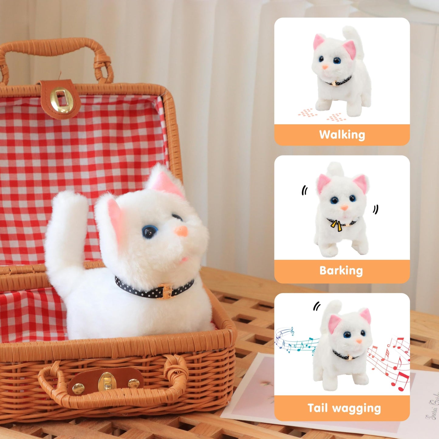 Easfan Walking Kitty Plush Toy – Interactive Meowing Cat for Kids, 7.5” White