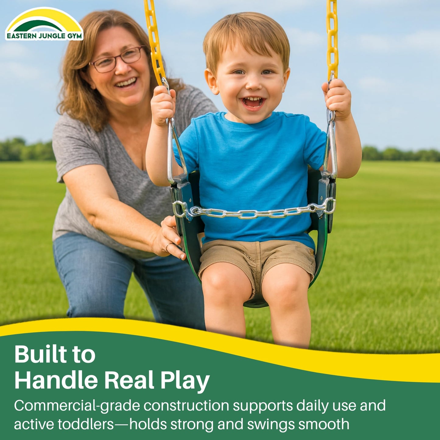 Eastern Jungle Gym Heavy-Duty High Back Half Bucket Toddler Swing with Coated Chains and Safety Strap