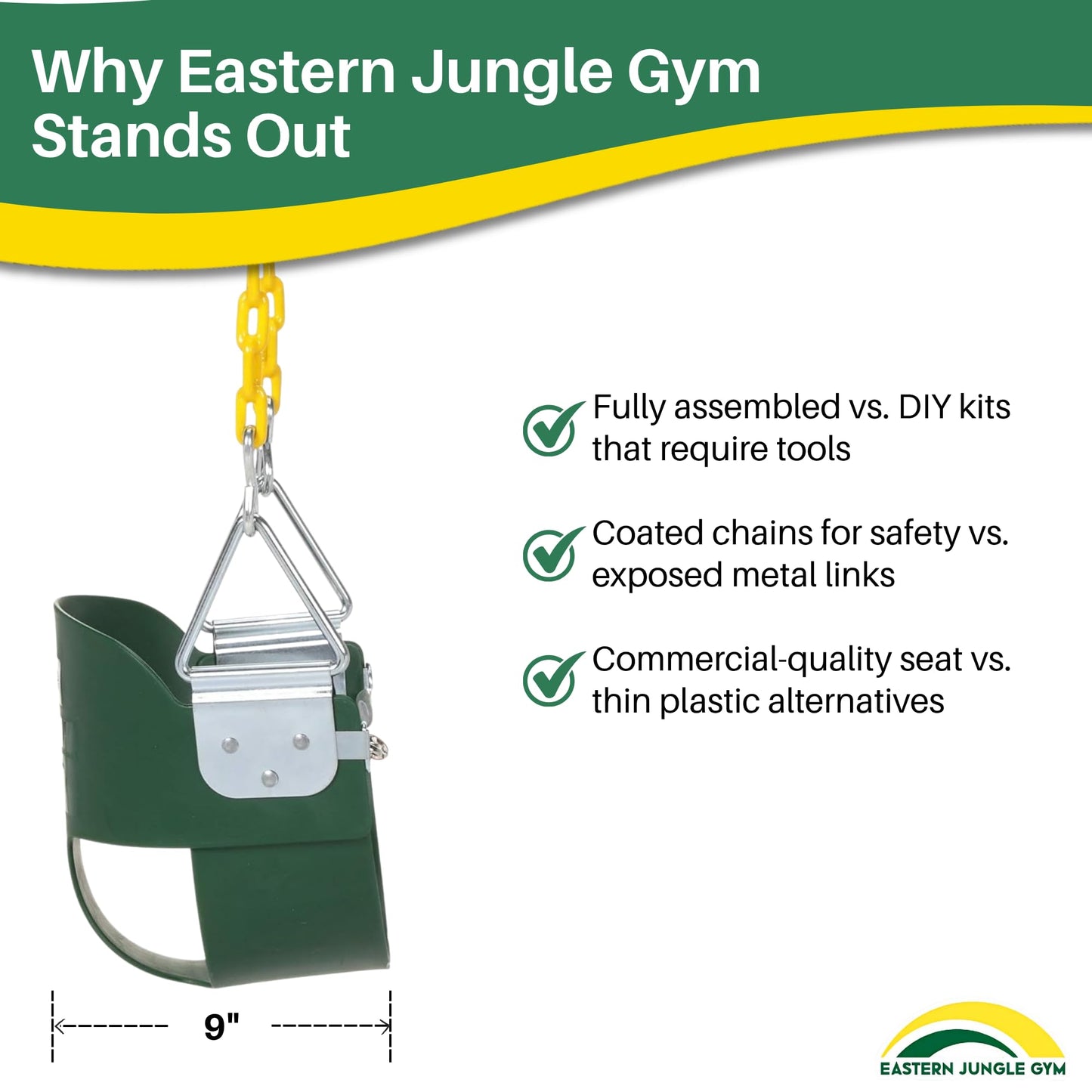 Eastern Jungle Gym Heavy-Duty High Back Half Bucket Toddler Swing with Coated Chains and Safety Strap